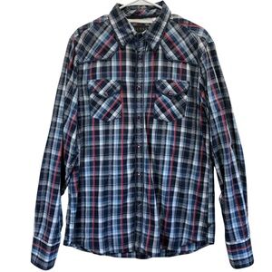 Guess Western Men's Plaid Button-Down Shirt - Blue and Red. Size Large